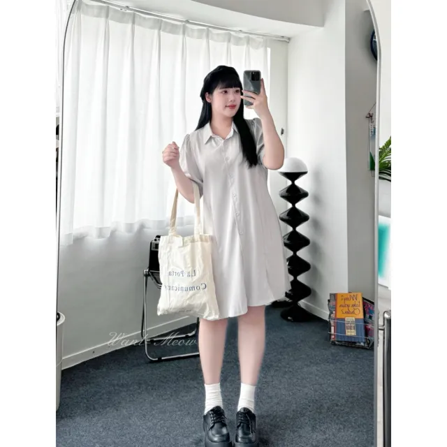 【Want-Meow】70公斤可穿/氣質韓系簡約風短袖有領洋裝自帶腰帶連身裙(大碼/大尺碼/加大碼/洋裝)