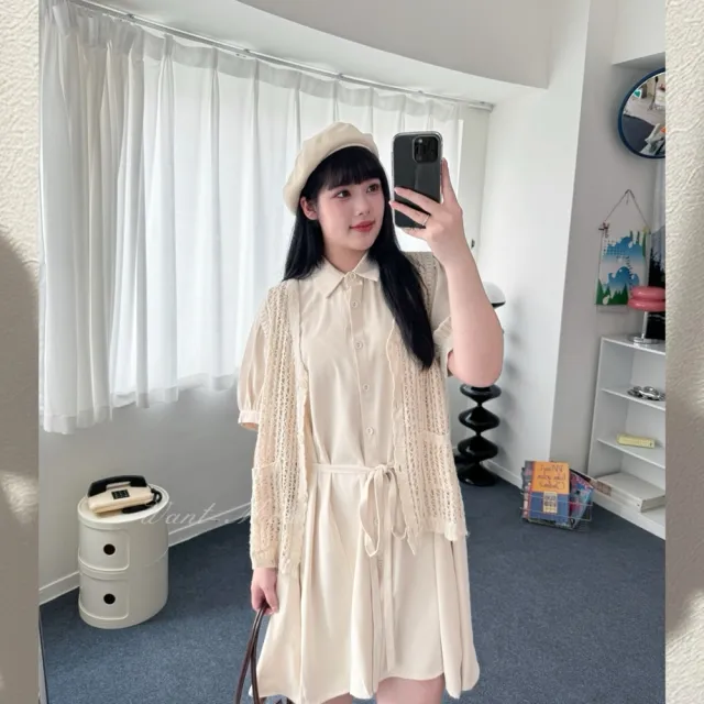 【Want-Meow】70公斤可穿/氣質韓系簡約風短袖有領洋裝自帶腰帶連身裙(大碼/大尺碼/加大碼/洋裝)