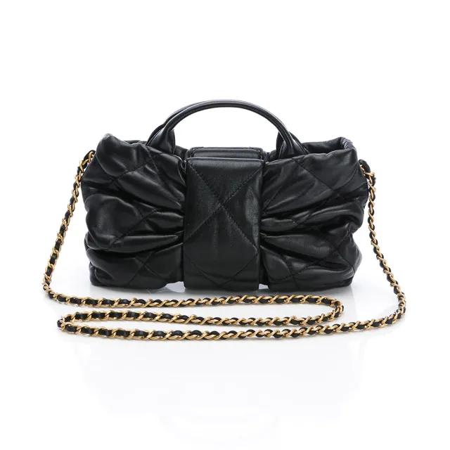 【CHANEL 香奈兒】25K 迷你 蝴蝶結包(黑/金-亮面小羊皮/金黑雙色鏈帶)『entrupy安心購』