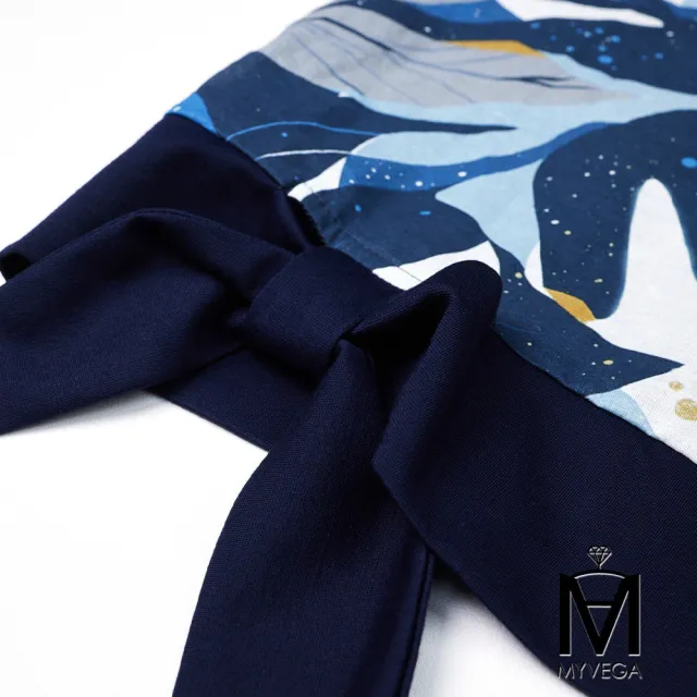 【MYVEGA 麥雪爾】MA純棉度假風葉片印花綁帶上衣-深藍(女上衣/短袖上衣/純棉T)