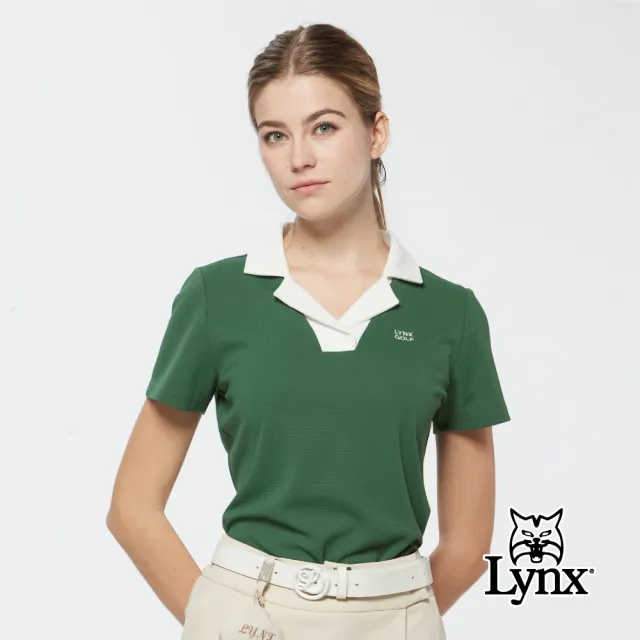 【Lynx Golf】首爾高桿風格!女款合身版吸濕排汗涼感彈性特殊領型短袖POLO衫/高爾夫球衫(綠色)