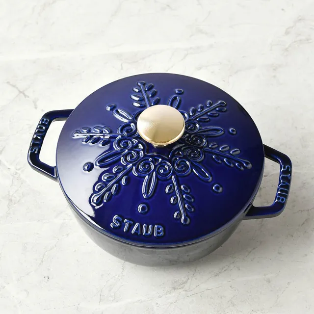【STAUB】雪花雕花琺瑯鑄鐵鍋和食鍋16cm-深藍色(德國雙人牌集團官方直營)