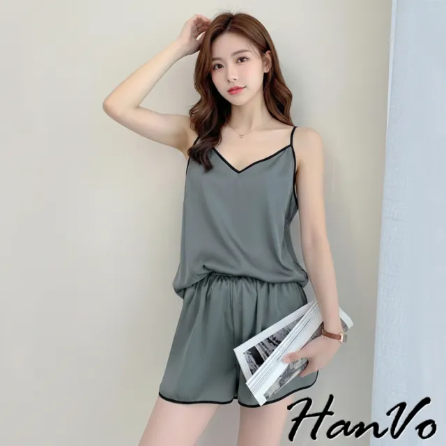 【HanVo】現貨 冰絲緞面v領睡衣套裝(薄款成套睡衣睡褲 日系性感套裝居家服 女生衣著 A08-5947)