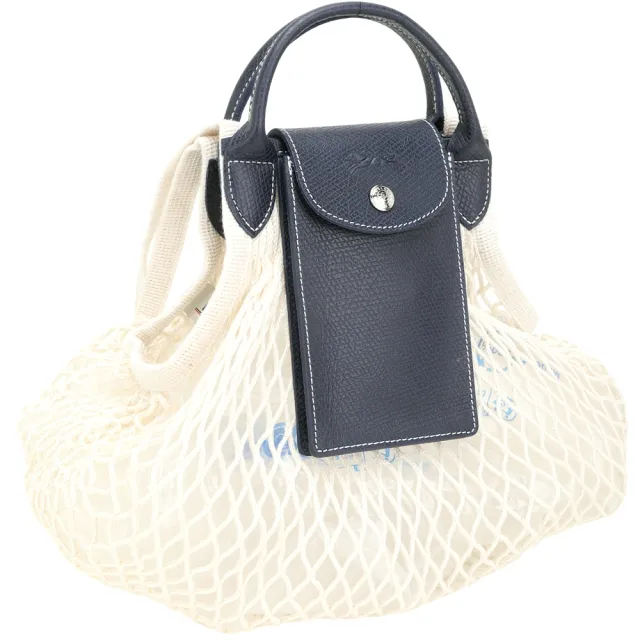 【LONGCHAMP】Le pliage Collection 皮革前袋棉線編織手提 肩背漁網包-L深藍