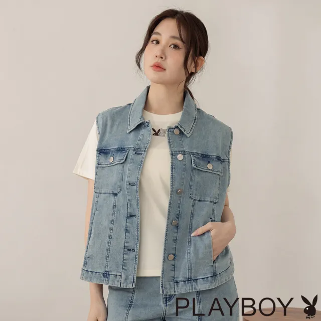 【PLAYBOY】潮流寬鬆設計牛仔背心 - 淺藍色