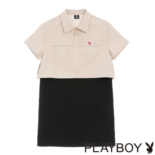 【PLAYBOY】假兩件撞色工裝風洋裝 - 杏色