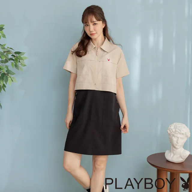 【PLAYBOY】假兩件撞色工裝風洋裝 - 杏色