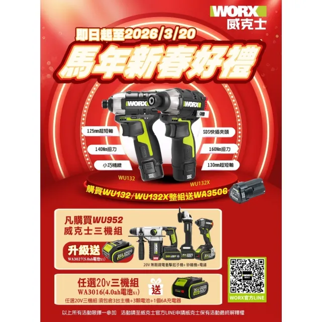 【WORX 威克士】12V 160Nm鋰電無刷沖擊起子機(WU132X)