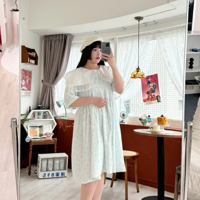 【Want-Meow】80公斤可穿/日系蕾絲拼接蝴蝶結短洋裝中大尺碼(大碼/大尺碼/加大碼/連身洋裝)