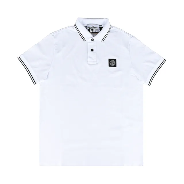 【Stone Island】Stone Island 石頭島 十字羅盤LOGO條紋滾邊棉質短袖POLO衫(男款/白)