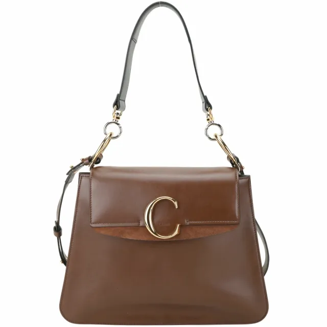 【Chloe’ 蔻依】C Bag 中款 金釦小牛皮手提 肩背包-咖啡色
