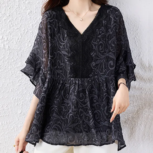 【麗質達人】9509黑色印花上衣-LY(M-5XL)（其他規格）