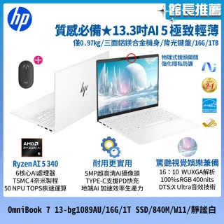 【HP 惠普】滑鼠組★13吋 Ryzen AI 5 340 極致輕薄筆電(OmniBook 7 13-bg1089AU/16G/1T SSD/W11/靜謐白)