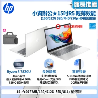 【HP 惠普】送獨家筆電包/滑鼠★15吋R5-7520U輕薄效能筆電(15-fc0767AU/16G/512G/W11/星河銀)