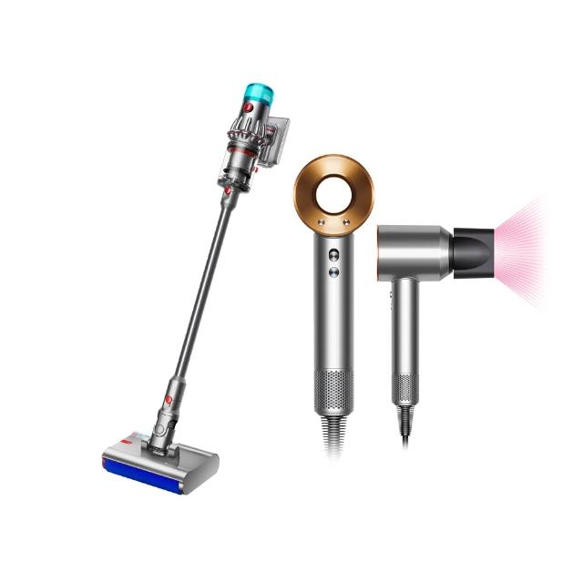 【dyson 戴森】V12s 乾溼全能洗地吸塵器(旗艦雙主吸頭) + HD08 吹風機 溫控 負離子(銀銅色) (超值組)