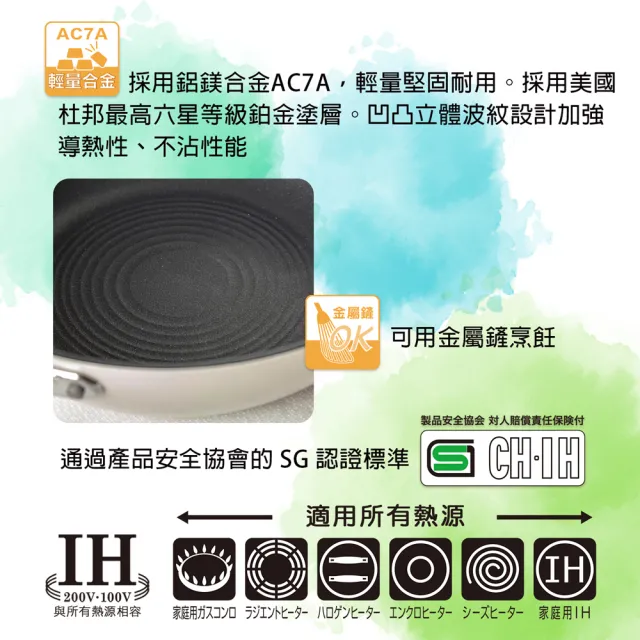 【hokua 北陸鍋具】日本製PLAIRE尊爵白IH輕量不沾深型平底鍋24cm可用金屬鏟/不挑爐具