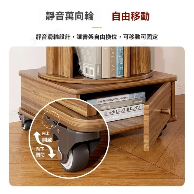 【生活藏室】實木四層附櫃帶櫃門旋轉書架 旋轉書架 實木書架 落地書櫃 360度旋轉 收納書架