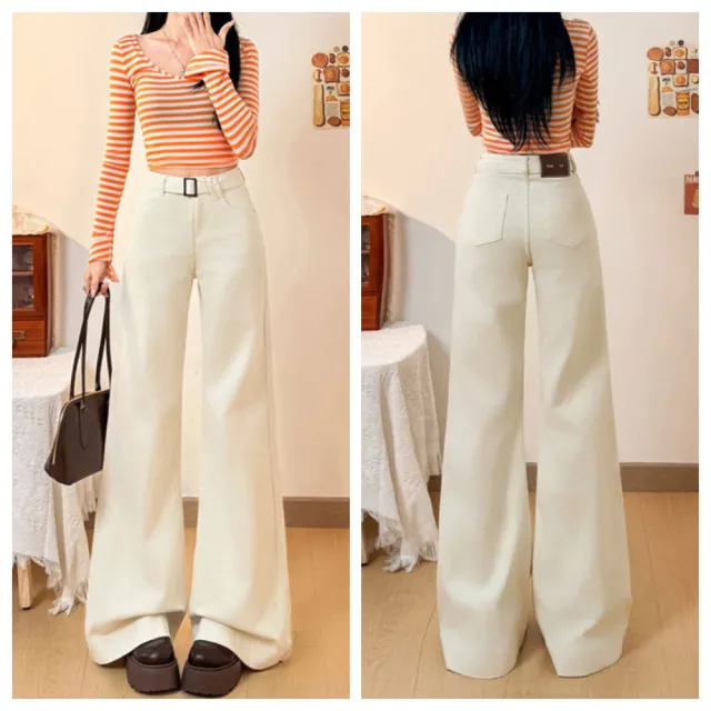 【ASister 小姊姊】AS2388#女裝|休閒褲☆中大尺碼方釦梨身顯瘦喇叭褲/寬褲(米白色 XS-4XL)