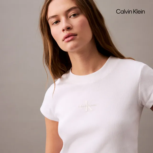 【CALVIN KLEIN】官方旗艦館 CK Monogram 標誌修身短版 T 恤_白色