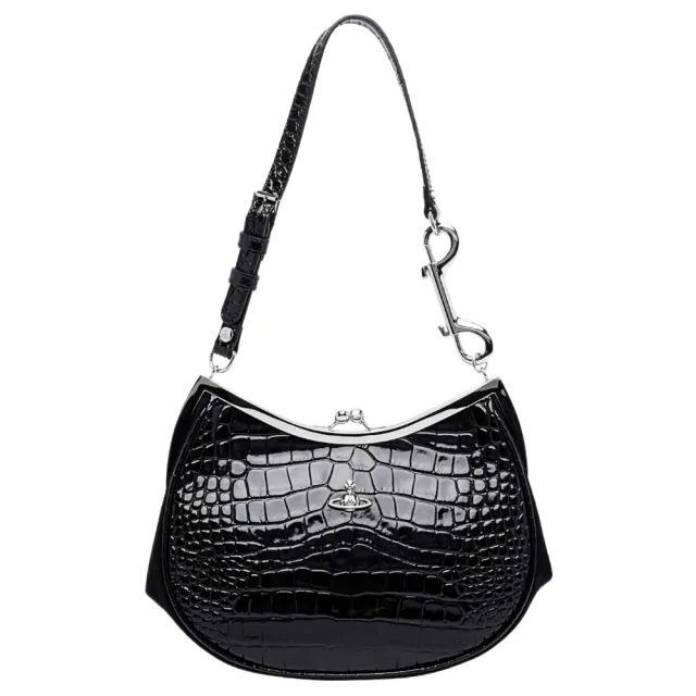 【Vivienne Westwood】春夏新款 品牌LOGO 鱷魚紋皮革單肩包(黑色)