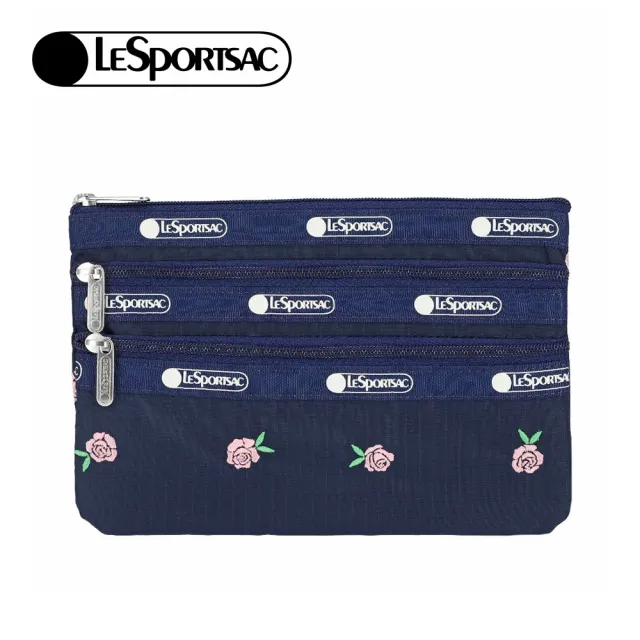 【Lesportsac】3-Zip Cosmetic 三層拉鍊化妝包 收納包 盥洗包 女包(薔薇刺繡)