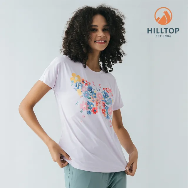 【Hilltop 山頂鳥】Polygiene抗菌吸濕快乾抗UV彈性印花T恤 女款 淺粉花蝴蝶｜PS04XFQ1ECF0