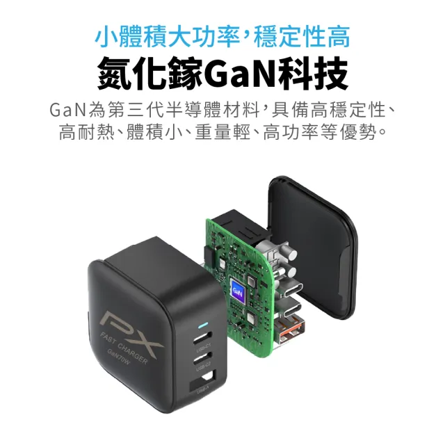 【PX 大通】送充電線iphone17/16三星70w瓦氮化鎵充電器筆電快充頭Type C充電頭65w瓦(PWC-7012BW/UCC2-2B)