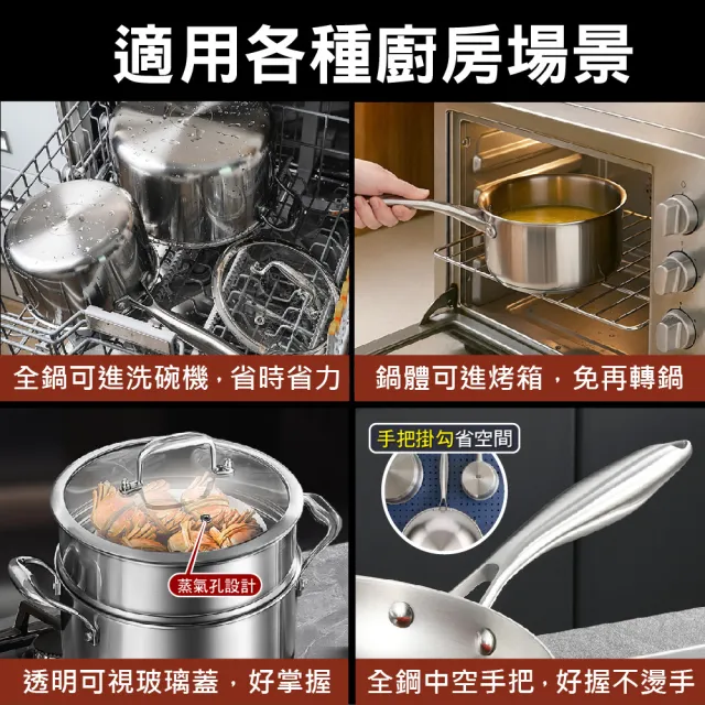 【PureCook】304/316加厚不鏽鋼鍋8件組IH電磁爐可 玻璃鍋蓋物理不沾鍋 炒鍋平底鍋煎鍋 單柄雪平湯奶鍋蒸籠