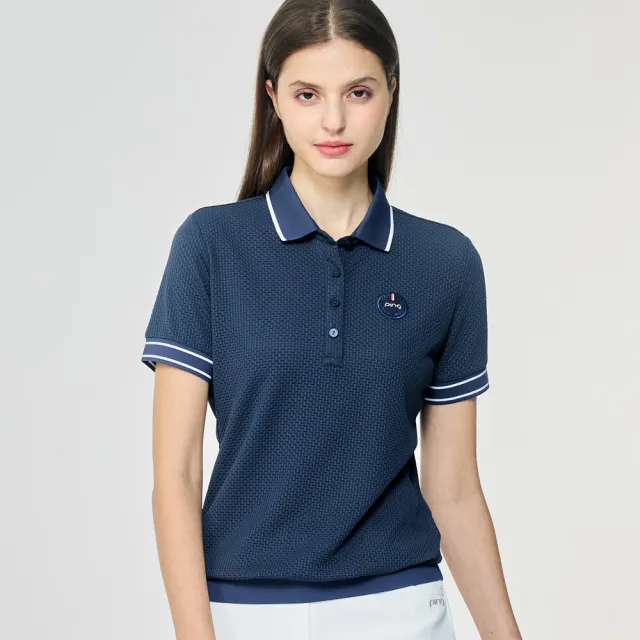 【PING】女款立體織紋高彈力短袖POLO衫-藍(GOLF/高爾夫球衫/RA26101-57)