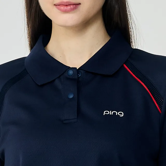 【PING】女款伸縮織帶涼感短袖POLO衫-深藍(吸濕排汗/GOLF/高爾夫球衫/RA26115-58)