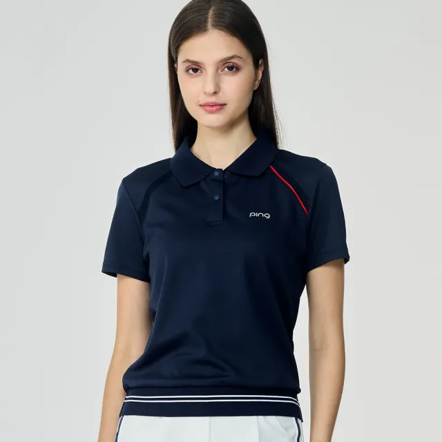 【PING】女款伸縮織帶涼感短袖POLO衫-深藍(吸濕排汗/GOLF/高爾夫球衫/RA26115-58)