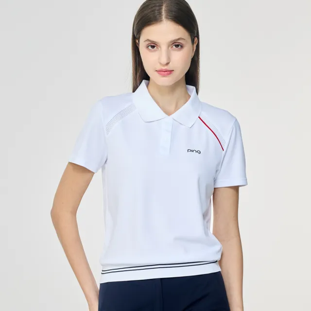 【PING】女款伸縮織帶涼感短袖POLO衫-白(吸濕排汗/GOLF/高爾夫球衫/RA26115-87)