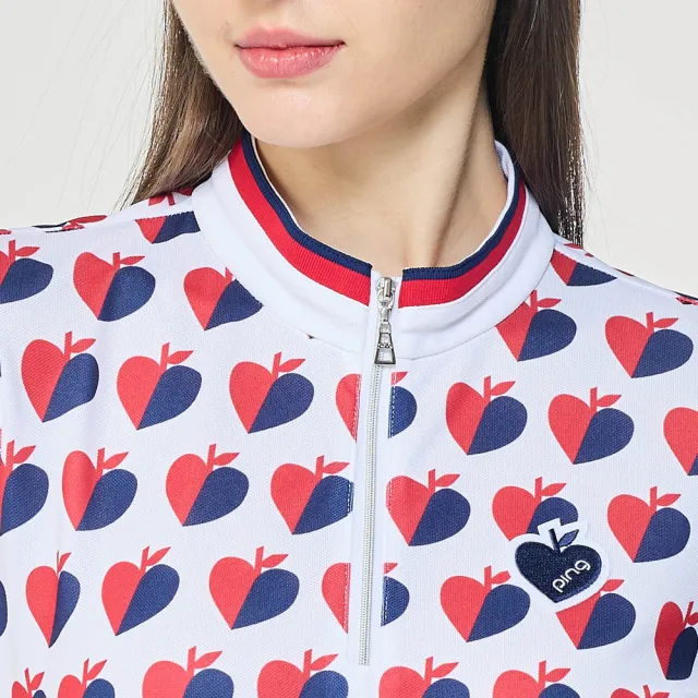 【PING】女款愛心蘋果抗UV短袖立領上衣-紅(吸濕排汗/GOLF/高爾夫球衫/RA26117-18)