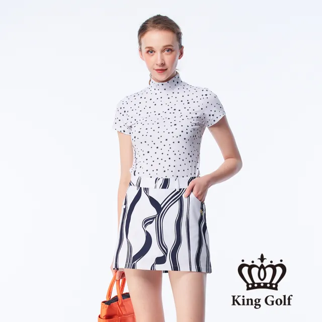 【KING GOLF】速達-網路限定款-女款滿版星星印花線條撞色印圖涼感小立領上衣/高爾夫球衫-白色