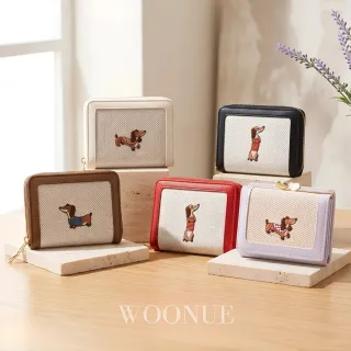 【WOONUE】雙11 氣質款臘腸狗布繡折疊短皮夾多功能名片卡夾零錢包(情人老婆聖誕女兒母親生日節禮