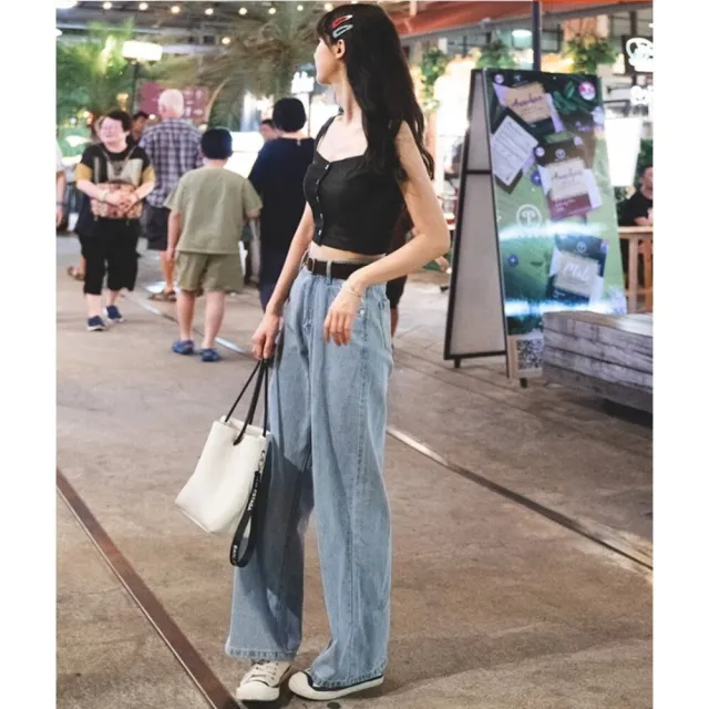 【Uicy】韓版復古淺藍高腰直筒牛仔寬褲 寬褲 褲子 女裝 P97