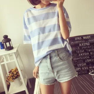 【Uicy】韓版新款夏季糖果色條紋短袖T恤 衣服 女裝 t恤 短袖t T102