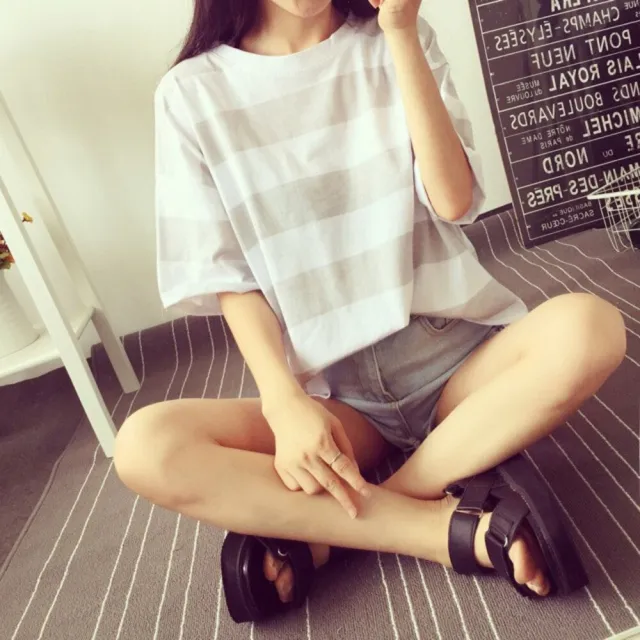 【Uicy】韓版新款夏季糖果色條紋短袖T恤 衣服 女裝 t恤 短袖t T102