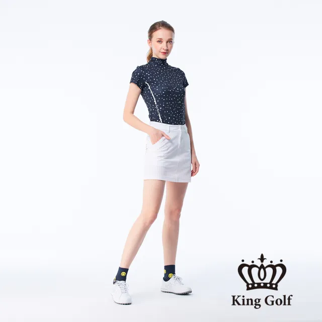 【KING GOLF】速達-網路限定款-女款滿版星星印花線條撞色印圖涼感小立領上衣/高爾夫球衫-丈青