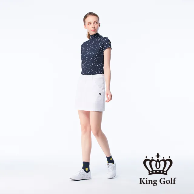 【KING GOLF】速達-網路限定款-女款滿版星星印花線條撞色印圖涼感小立領上衣/高爾夫球衫-丈青