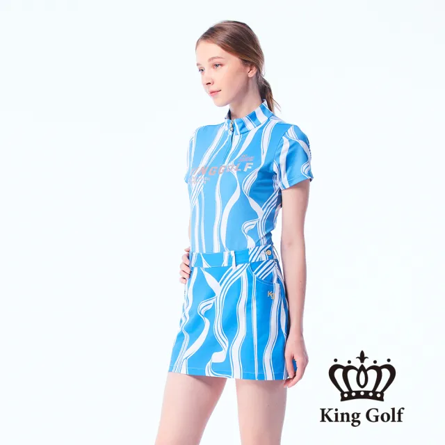 【KING GOLF】速達-網路限定款-女款緞帶剪影印花涼感短袖拉鍊POLO衫/高爾夫球衫-藍色