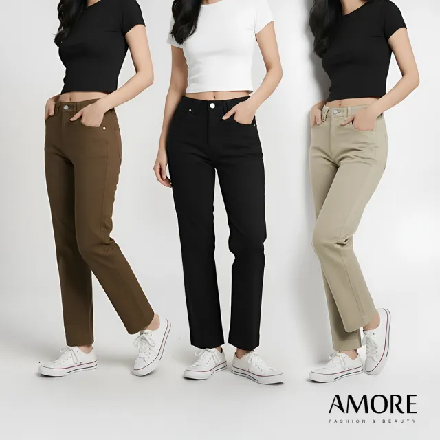 【Amore】日系顯瘦彈力直筒九分褲(顯瘦直筒褲修身不緊繃)