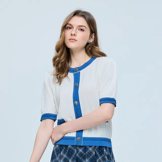 【ILEY 伊蕾】質感拼接牛仔針織上衣(白;M-XL;1261495206)