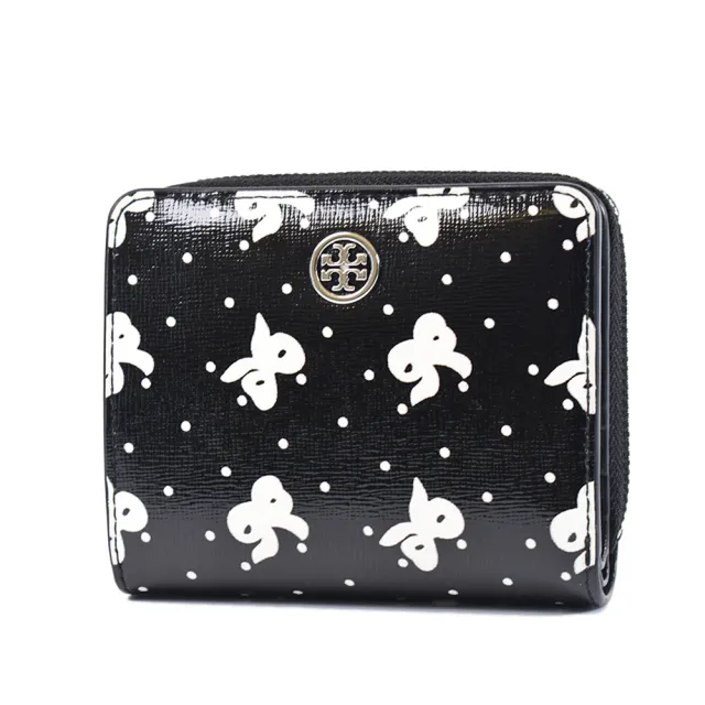 【TORY BURCH】專櫃款 Robinson 蝴蝶結防刮零錢袋釦式短夾-黑色