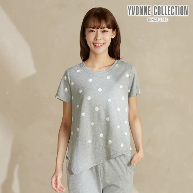 【YVONNE 以旺傢飾】圓點印花剪接短袖上衣-迷霧灰