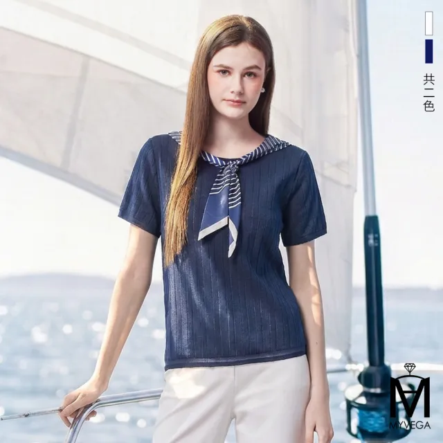 【MYVEGA 麥雪爾】MA造型條紋領巾學院風上衣-共二色(女上衣/短袖上衣/純棉T)