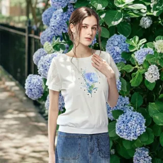 【MYVEGA 麥雪爾】MA絲光棉蕾絲上衣/繡球花印花上衣-二款任選(女上衣/短袖上衣/蕾絲衣)