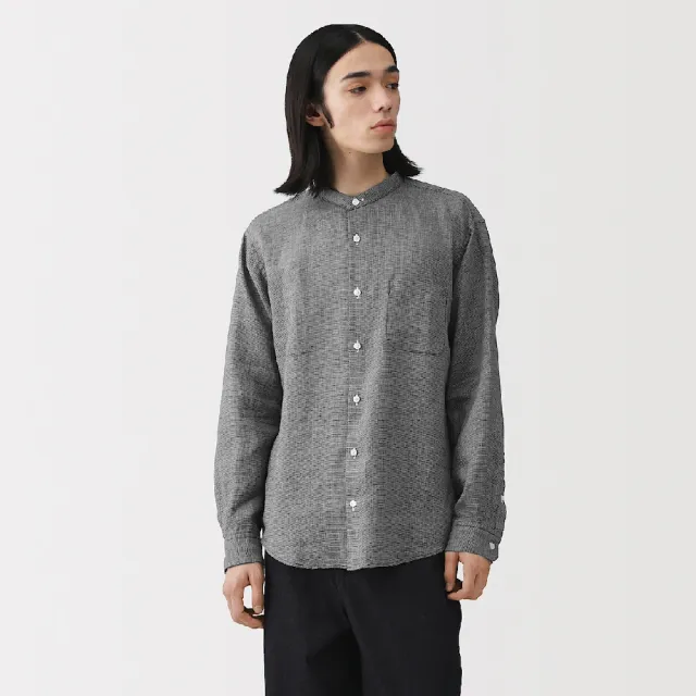 【MUJI 無印良品】男亞麻水洗立領長袖襯衫(白色/原色/淺藍/深藍/墨灰格紋/深棕格紋)