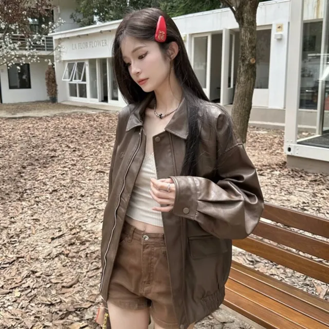 【Uicy】韓版氣質寬鬆皮外套 外套 防曬外套 女裝 上衣 衣服 J382
