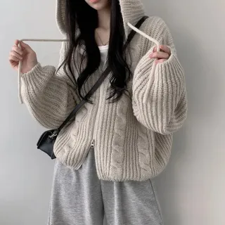 【Uicy】韓版麻花連帽雙拉鍊寬鬆毛衣外套 外套 防曬外套 女裝 J414